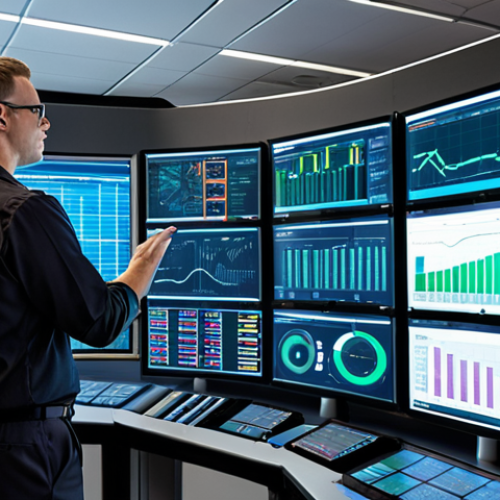 Home 15 **
A bustling data center visualized as a futuristic control room. Technicians monitor holographic displays filled with real-time data streams representing service performance, network traffic, and customer activity. The atmosphere is energetic, showcasing the power of big data driving proactive service management and predicting potential system disruptions. Focus on clean, modern design with bright, easily readable data visualizations.
**