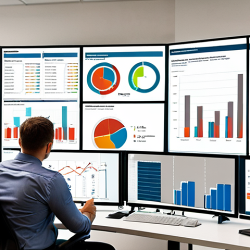 Home 14 **A service manager analyzing data dashboards showing KPIs related to customer satisfaction, operational efficiency, and cost reduction. The scene includes a modern office environment with a diverse team collaborating around a large screen displaying charts and graphs.** (Focus: Data-driven decision making and its impact)