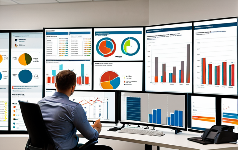 **A service manager analyzing data dashboards showing KPIs related to customer satisfaction, operational efficiency, and cost reduction. The scene includes a modern office environment with a diverse team collaborating around a large screen displaying charts and graphs.** (Focus: Data-driven decision making and its impact)