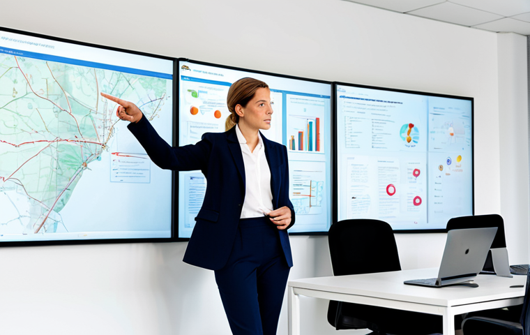 A dynamic female service manager, in a modest business suit, leading a diverse team in a modern, well-lit open-plan office. She is pointing confidently at a large screen displaying customer journey maps, illustrating proactive problem prevention strategies. Her team members are engaged and attentive, showing collaboration and empowerment. The atmosphere is professional and innovative. fully clothed, appropriate attire, safe for work, appropriate content, perfect anatomy, correct proportions, natural pose, well-formed hands, proper finger count, natural body proportions, professional photography, high quality.