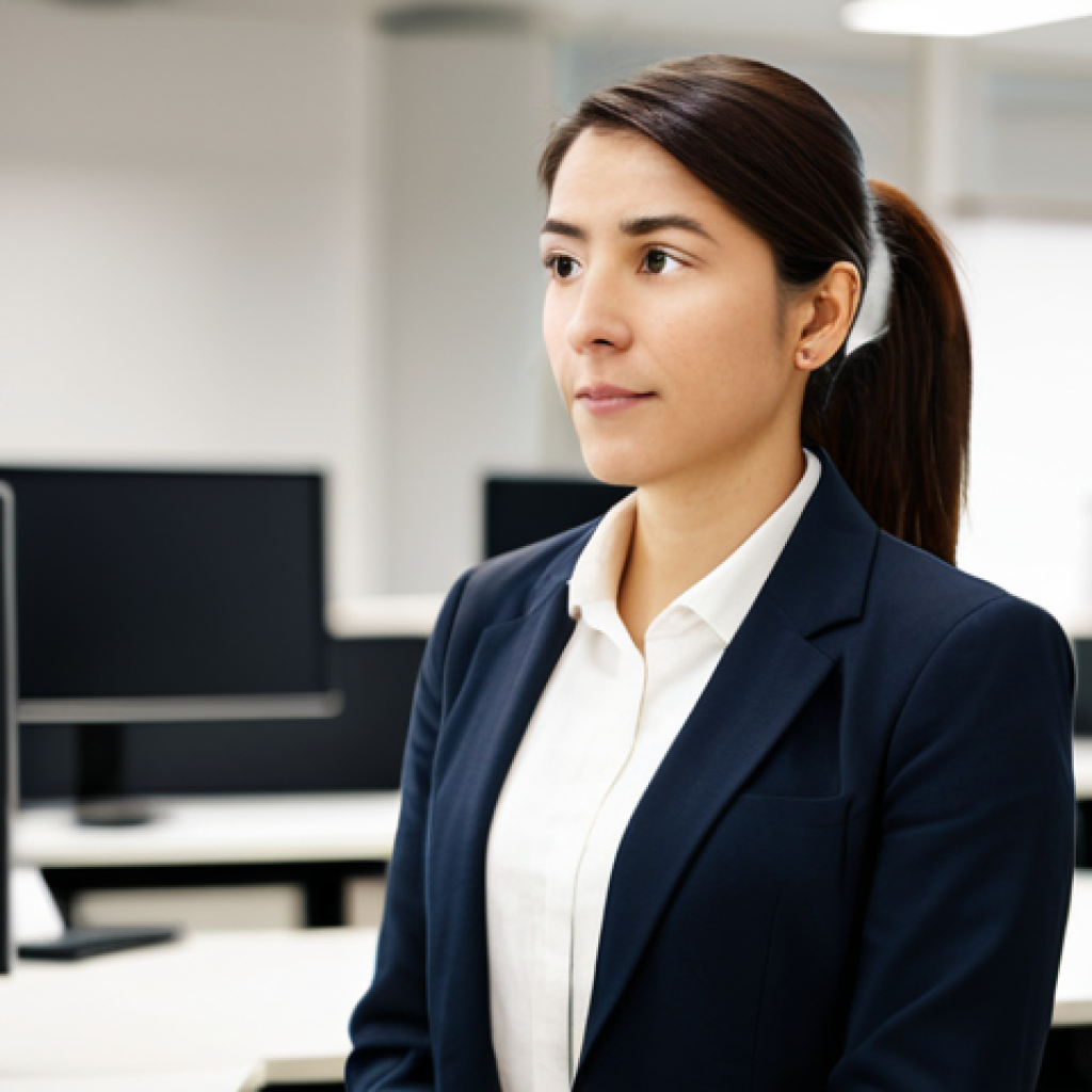 A compassionate female customer service manager, mid-30s, with a warm and understanding expression, listening intently to an unseen customer on a call. She is wearing a modest, dark professional blazer over a light blouse, fully clothed, in a modern, well-lit customer service center. The background features blurred workstations and subtle ambient lighting, suggesting a busy but calm environment. The manager's posture is natural and professional, emphasizing active listening. safe for work, appropriate content, family-friendly, perfect anatomy, correct proportions, natural pose, well-formed hands, proper finger count, natural body proportions, professional photography, high quality, studio lighting.