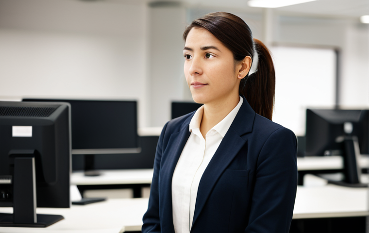 A compassionate female customer service manager, mid-30s, with a warm and understanding expression, listening intently to an unseen customer on a call. She is wearing a modest, dark professional blazer over a light blouse, fully clothed, in a modern, well-lit customer service center. The background features blurred workstations and subtle ambient lighting, suggesting a busy but calm environment. The manager's posture is natural and professional, emphasizing active listening. safe for work, appropriate content, family-friendly, perfect anatomy, correct proportions, natural pose, well-formed hands, proper finger count, natural body proportions, professional photography, high quality, studio lighting.