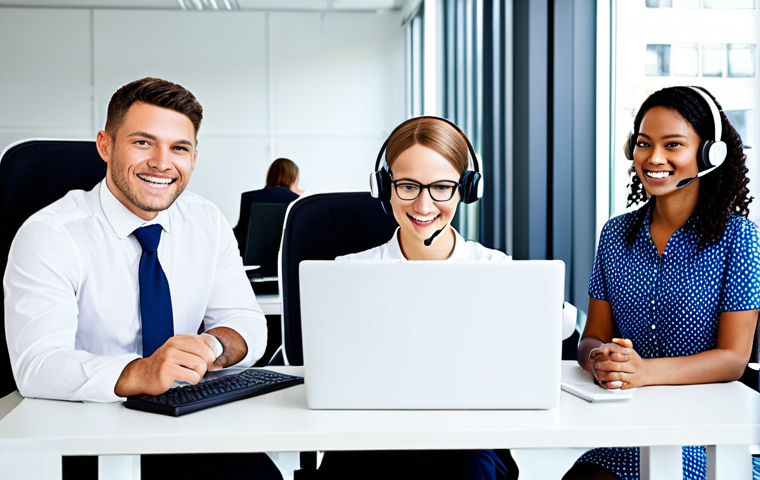 **

"A diverse team of customer service representatives in a bright, modern office setting, fully clothed in professional business attire, assisting customers with laptops and headsets, appropriate content, safe for work, perfect anatomy, correct proportions, natural pose, professional photography, high quality, family-friendly, focus on positive interactions and helpfulness."

**