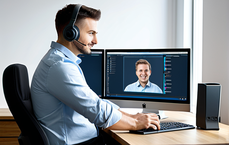 Remote Support Professional**

A friendly and professional IT support specialist assisting a user remotely. The specialist is fully clothed in business casual attire, wearing a headset and working at a clean, modern desk with multiple monitors. The user's screen is visible, showing a software application. Background depicts a well-lit, organized home office. Safe for work, appropriate content, fully clothed, professional setting, perfect anatomy, correct proportions, well-formed hands, proper finger count, natural pose, high quality.

**