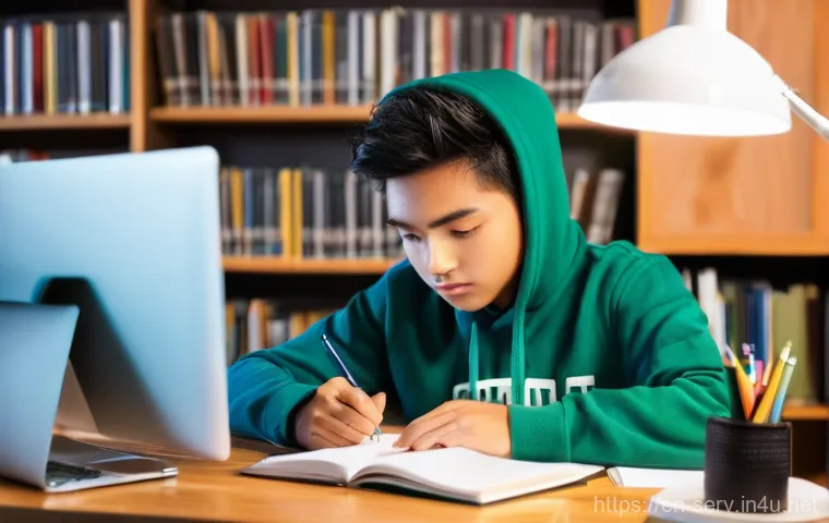 서비스관리사 자격증 공부 스케줄 - **Prompt: "Deep Dive" Study Session**
A young adult, approximately 20-25 years old, deeply immer...