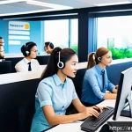 Home 22 서비스관리사 업무 성과 관리 - A modern customer service center with diverse agents working efficiently at their desks, multiple co...