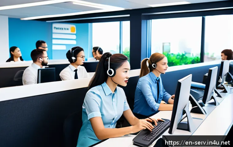 서비스관리사 업무 성과 관리 - A modern customer service center with diverse agents working efficiently at their desks, multiple co...