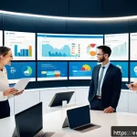 Home 18 서비스관리사와 CRM 시스템 활용 - A modern office scene showing a diverse team of customer service representatives collaborating aroun...