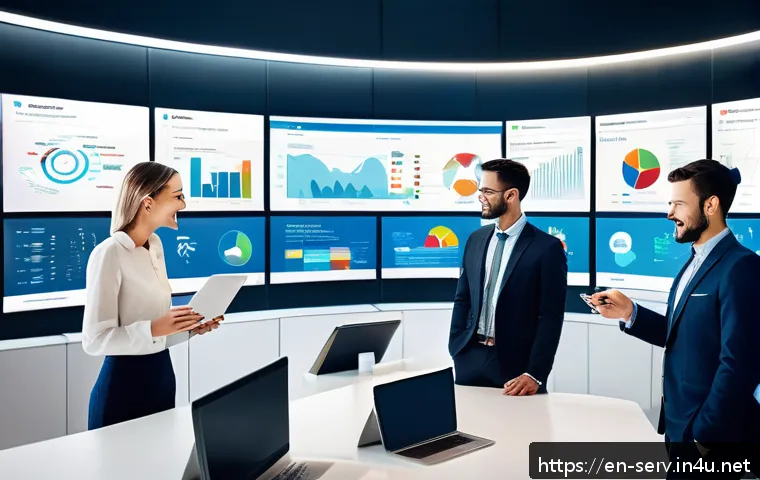 서비스관리사와 CRM 시스템 활용 - A modern office scene showing a diverse team of customer service representatives collaborating aroun...