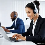 Home 23 서비스관리사와 고객 만족도 평가 도구 - A modern, bright office environment showing a diverse customer service team collaborating around a l...