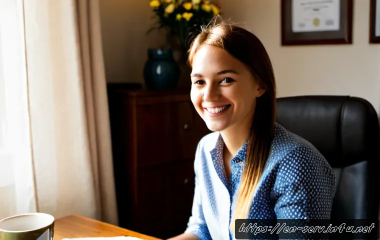 서비스관리사 자격증 취득 후기 - Photorealistic home-office scene of a smiling young professional celebrating completion of a service...