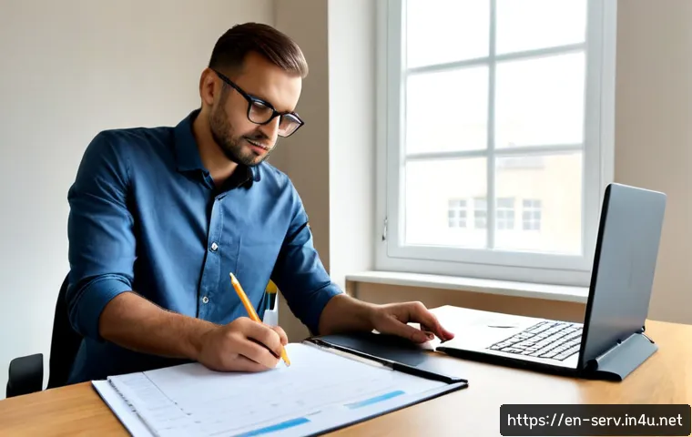 Home 15 서비스관리사 실기시험 준비 가이드 - Photorealistic practical certification exam preparation scene, focused adult learner in neat busines...