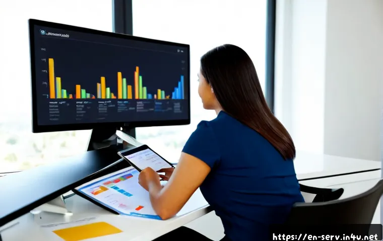 서비스관리사와 고객 데이터 분석 도구 - Photorealistic modern customer service manager in a bright North American office, seated at a clean ...